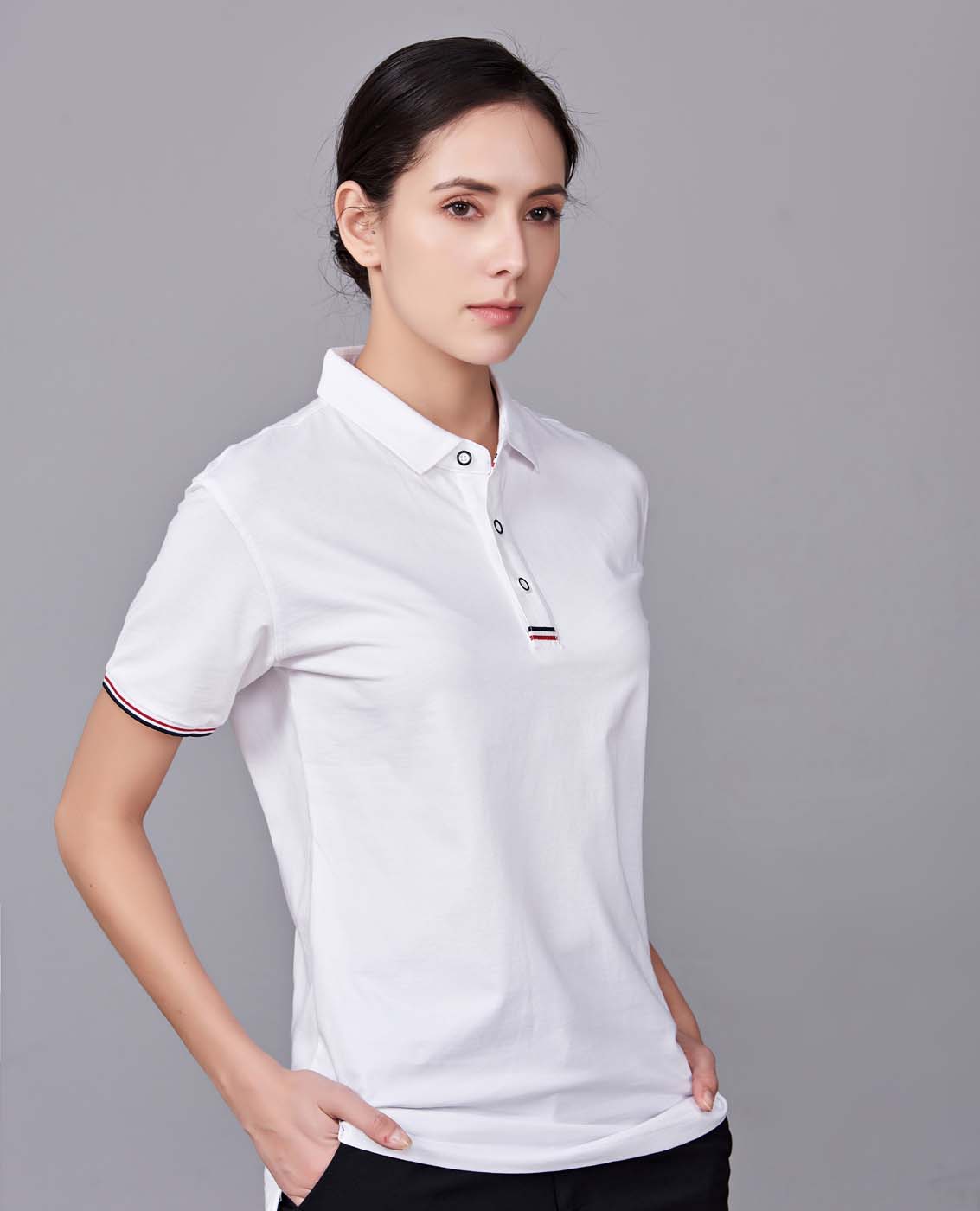 夏季白色男女同款滌棉短袖翻領時尚休閑T恤衫-85681#